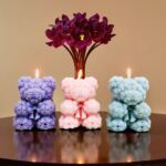 Rose bear candle handmade soy wax – lavender pink blue sculptural floral gift set