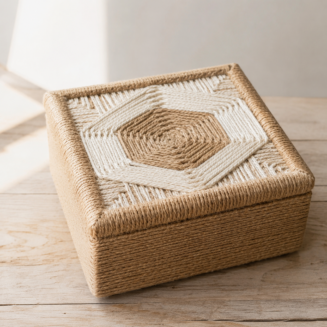 Handwoven khaat baan storage box with lid – natural jute beige ivory geometric boho decor 20x20x10 cm Handwoven khaat baan storage box with lid – natural jute beige ivory geometric boho decor 20x20x10 cm