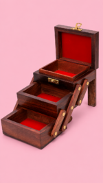 100% Handcrafted wooden jewelry box with 3 tiers and red velvet lining