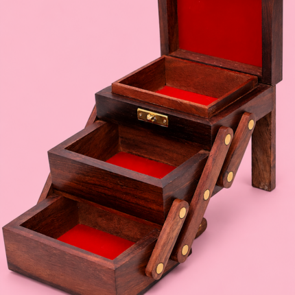 100% Handcrafted wooden jewelry box with 3 tiers and red velvet lining
