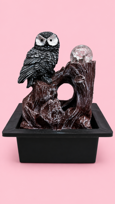 Handcrafted owl indoor water fountain with crystal ball and built-in LED lighting
