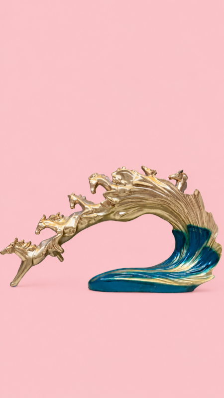 Golden 7 Running Horses Statue on Wave