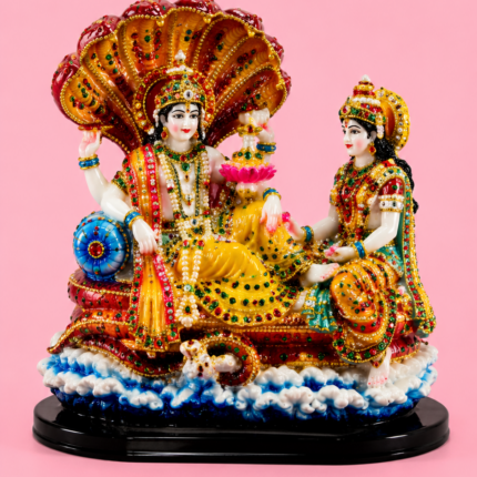 Handcrafted multi-colored Vishnu Lakshmi statue on sheshnag for home temple decor