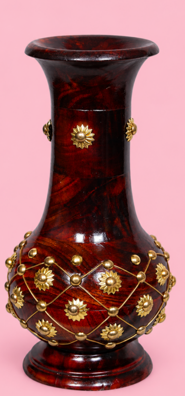 Handcrafted wooden flower vase with brass wire latticework and floral accents