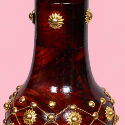 Handcrafted wooden flower vase with brass wire latticework and floral accents