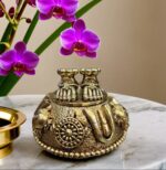Brass Lakshmi Charan Paduka with antique finish and sacred motifs by Elysee Decor