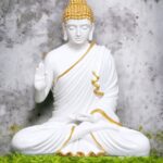 2 feet white gold Buddha statue in blessing pose by Elysee Decor