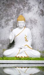 2 feet white gold Buddha statue in blessing pose by Elysee Decor