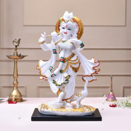 marble krishna idol with peacock handcrafted by Elysee Decor
