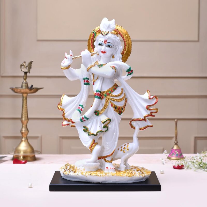 marble krishna idol with peacock handcrafted by Elysee Decor