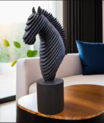 Black abstract horse head sculpture with ribbed matte finish by Elysee Decor