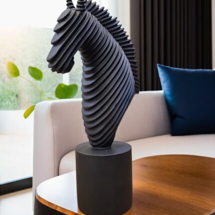 Black abstract horse head sculpture with ribbed matte finish by Elysee Decor