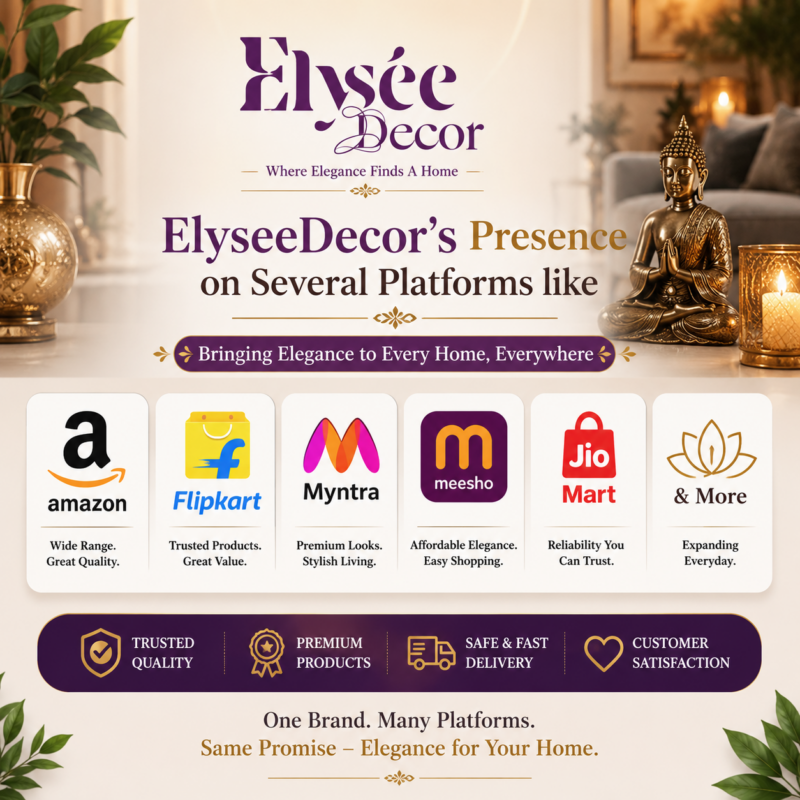 ElyseeDecor Presence on Several Platforms including Amazon, Flipkart, Myntra, Meesho and JioMart for premium home decor products.