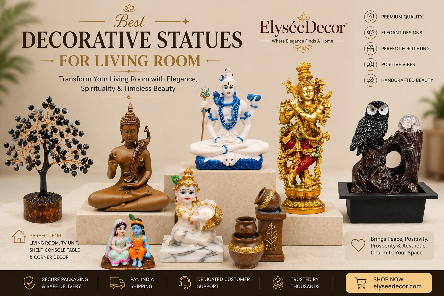 Best Decorative Statues for Living Room featuring Lord Shiva statue, Buddha statue, Lord Krishna statue, Radha Krishna figurine, decorative fountain, gemstone tree, and premium handcrafted home décor by ElyseeDecor.