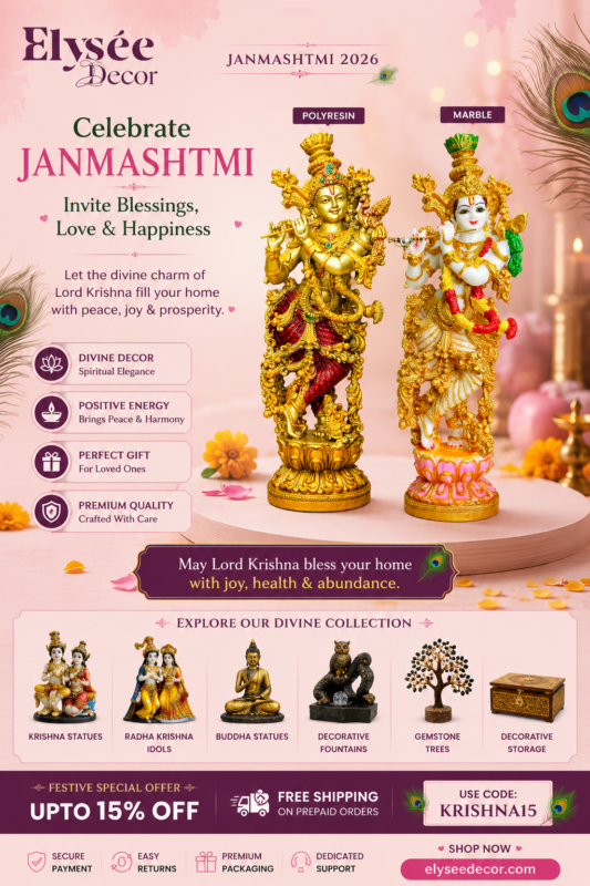 Janmashtami Decoration Ideas 2026 using Lord Krishna idols, diyas, flowers and premium home decor by Elysee Decor.