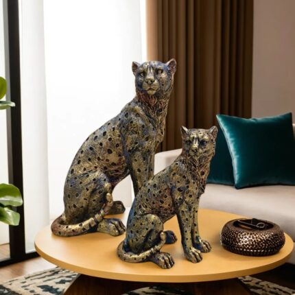 leopard statue set of 2 bronze finish handcrafted by Elysee Decor